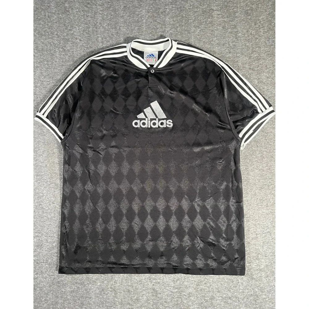 Vintage Adidas Diamond Harlequin Soccer Jersey Black White Mens XXL 90s EQT
